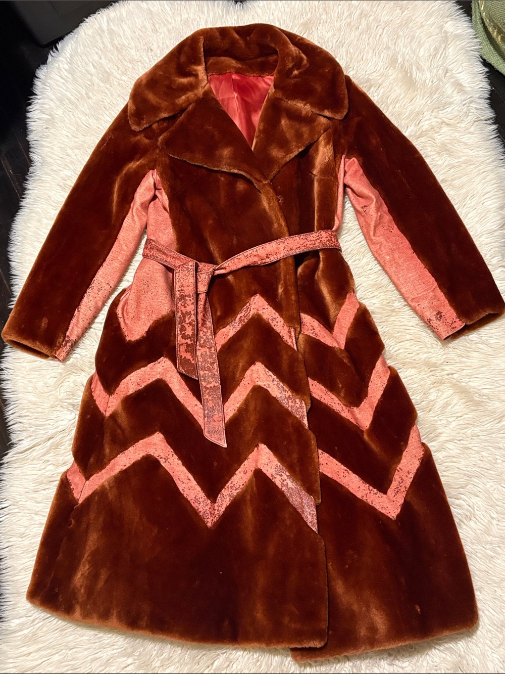 Vintage Rust Faux Fur Coat with Chevron Accent